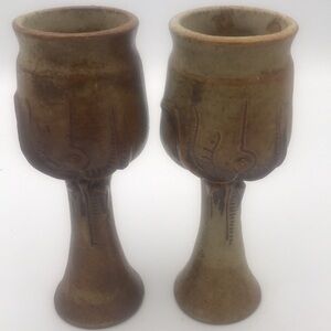 VTG Michael Schyler Flat Earth Set‎ of 2 Art Pottery Goblets